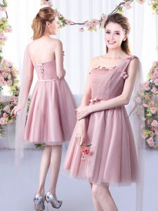 Pink A-line One Shoulder Sleeveless Tulle Knee Length Lace Up Appliques and Belt Dama Dress