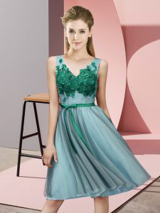Aqua Blue Lace Up V-neck Appliques Dama Dress for Quinceanera Tulle Sleeveless