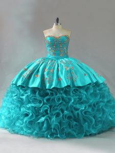 Pretty Embroidery and Ruffles Quinceanera Dress Aqua Blue Lace Up Sleeveless Brush Train