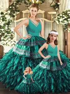 Attractive Sleeveless Organza Floor Length Backless Quinceanera Gowns in Turquoise with Appliques and Ruffles