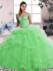 Green Ball Gowns Beading and Ruffles Quinceanera Gown Lace Up Tulle Sleeveless Floor Length