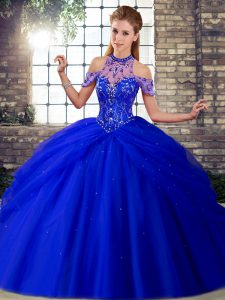 Modern Sleeveless Beading and Pick Ups Lace Up Quince Ball Gowns with Royal Blue Brush Train