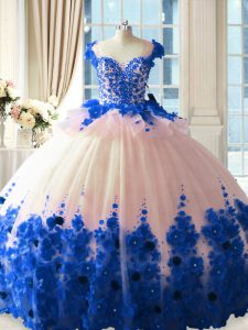 Scoop Sleeveless Ball Gown Prom Dress Brush Train Hand Made Flower Blue And White Tulle