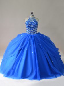 Eye-catching Royal Blue Halter Top Lace Up Beading Quinceanera Dresses Sleeveless