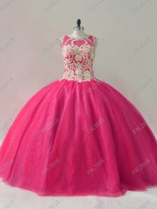Elegant Hot Pink Lace Up Sweet 16 Dresses Beading Sleeveless Floor Length