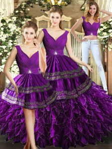 Sleeveless Organza Floor Length Backless Quince Ball Gowns in Purple with Beading and Embroidery and Ruffles