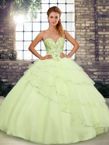 Stunning Yellow Ball Gowns Beading and Ruffled Layers Quinceanera Gown Lace Up Tulle Sleeveless