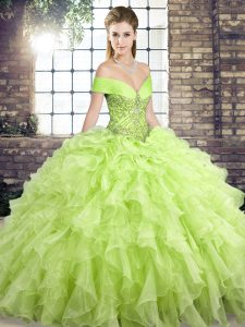 Modest Sleeveless Organza Brush Train Lace Up 15 Quinceanera Dress in Yellow Green with Beading and Ruffles