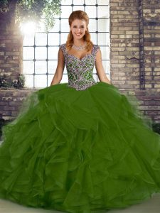 Customized Straps Sleeveless Tulle Quinceanera Gowns Beading and Ruffles Lace Up