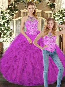 Fuchsia Two Pieces Beading and Ruffles Sweet 16 Dress Lace Up Tulle Sleeveless Floor Length