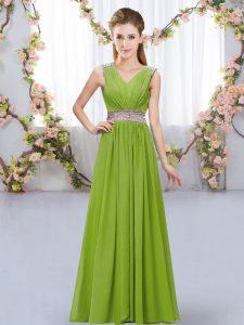 Romantic Olive Green Sleeveless Chiffon Lace Up Dama Dress for Wedding Party