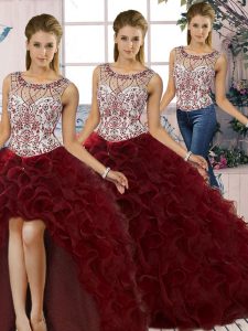 Luxurious Floor Length Burgundy Quinceanera Gowns Scoop Sleeveless Lace Up