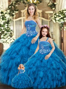 Floor Length Blue Quinceanera Gowns Tulle Sleeveless Beading and Ruffles