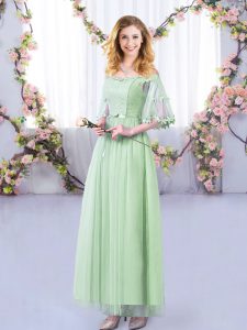 Apple Green Off The Shoulder Side Zipper Lace and Belt Court Dresses for Sweet 16 Half Sleeves