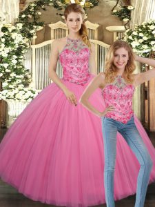Fantastic Tulle Halter Top Sleeveless Lace Up Embroidery Vestidos de Quinceanera in Rose Pink