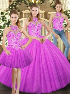 Pretty Lilac Halter Top Lace Up Embroidery Vestidos de Quinceanera Sleeveless