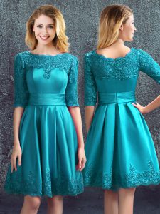Excellent Scoop Half Sleeves Court Dresses for Sweet 16 Knee Length Lace Teal Satin