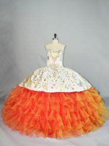 Orange Ball Gowns Organza Sweetheart Sleeveless Embroidery and Ruffles Floor Length Lace Up 15 Quinceanera Dress