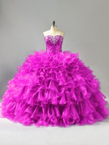 Shining Purple Ball Gowns Sweetheart Sleeveless Organza Floor Length Lace Up Beading and Ruffles and Sequins Quinceanera Gown