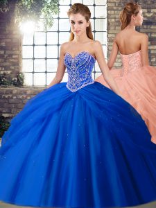Modest Brush Train Ball Gowns Quinceanera Dresses Royal Blue Sweetheart Tulle Sleeveless Lace Up