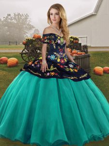Eye-catching Off The Shoulder Sleeveless Tulle Quinceanera Dress Embroidery Lace Up