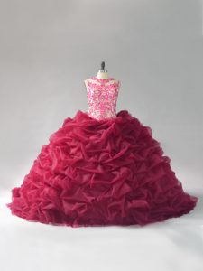 Luxurious Burgundy Organza Lace Up Quinceanera Gowns Sleeveless Court Train Beading and Pick Ups