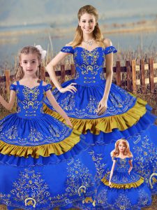 Fabulous Off The Shoulder Sleeveless 15th Birthday Dress Floor Length Embroidery Blue Satin