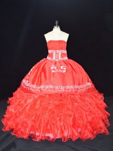 Sexy Ball Gowns Sweet 16 Quinceanera Dress Red Strapless Organza Sleeveless Floor Length Lace Up