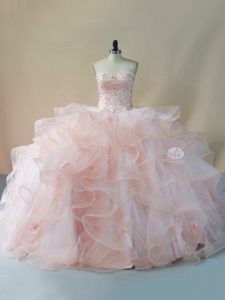 Pink Quinceanera Gown Tulle Brush Train Sleeveless Beading and Ruffles and Hand Made Flower