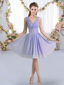 Vintage Lavender Empire Chiffon V-neck Sleeveless Beading Knee Length Zipper Quinceanera Court of Honor Dress