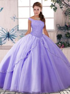 Super Lavender Quinceanera Dress Military Ball and Sweet 16 and Quinceanera with Beading Off The Shoulder Sleeveless Brush Train Lace Up