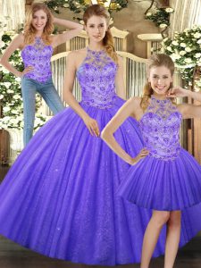 Cheap Lavender Three Pieces Tulle Halter Top Sleeveless Beading Floor Length Lace Up Quinceanera Gown