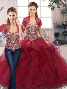 Custom Fit Burgundy Tulle Lace Up Off The Shoulder Sleeveless Floor Length 15th Birthday Dress Beading and Ruffles