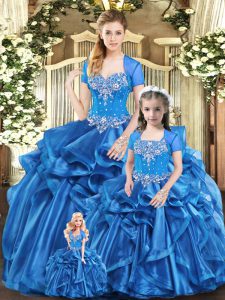 Blue Organza Lace Up 15th Birthday Dress Sleeveless Floor Length Beading and Ruffles