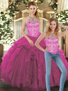 Floor Length Lace Up Sweet 16 Quinceanera Dress Fuchsia for Military Ball and Sweet 16 and Quinceanera with Beading and Ruffles