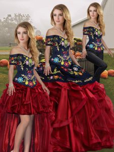Free and Easy Red And Black Quinceanera Gowns Military Ball and Sweet 16 and Quinceanera with Embroidery and Ruffles Off The Shoulder Sleeveless Lace Up