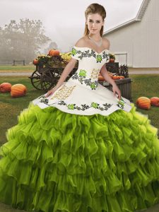 Sexy Off The Shoulder Sleeveless Quince Ball Gowns Floor Length Embroidery and Ruffled Layers Olive Green Organza