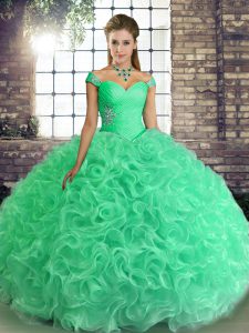 High Class Turquoise Ball Gowns Beading Sweet 16 Dress Lace Up Fabric With Rolling Flowers Sleeveless Floor Length