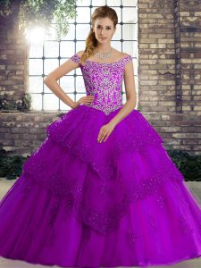 Custom Fit Off The Shoulder Sleeveless 15th Birthday Dress Brush Train Beading and Lace Purple Tulle