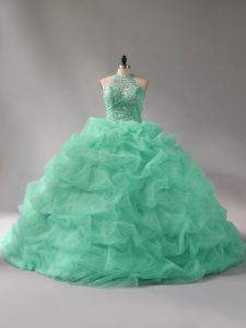 Organza Halter Top Sleeveless Court Train Lace Up Beading and Pick Ups Quinceanera Gown in Apple Green