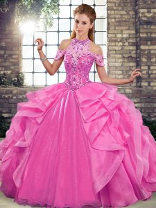 Custom Designed Rose Pink Ball Gowns Beading and Ruffles Sweet 16 Quinceanera Dress Lace Up Organza Sleeveless Floor Length