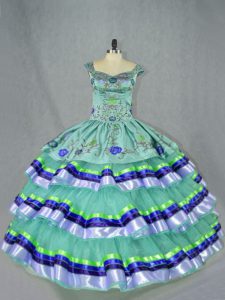 Eye-catching Apple Green Lace Up 15th Birthday Dress Embroidery and Ruffled Layers Sleeveless Floor Length
