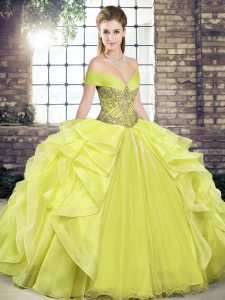 Decent Yellow Ball Gowns Organza Off The Shoulder Sleeveless Beading and Ruffles Floor Length Lace Up Quinceanera Dress