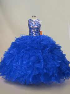 Elegant Royal Blue Organza Lace Up Scoop Sleeveless Floor Length Quinceanera Dress Ruffles and Sequins