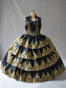 Unique Black Ball Gowns Embroidery Sweet 16 Quinceanera Dress Lace Up Satin Sleeveless Floor Length