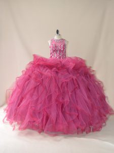 Custom Design Burgundy Scoop Neckline Beading and Ruffles Ball Gown Prom Dress Sleeveless Lace Up