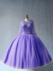 Decent Lavender Ball Gowns Scoop Long Sleeves Tulle Floor Length Lace Up Beading 15 Quinceanera Dress
