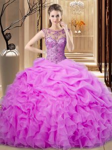 Sleeveless Organza Floor Length Lace Up Ball Gown Prom Dress in Lilac with Beading and Pick Ups
