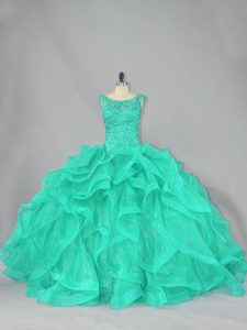 Customized Turquoise Ball Gowns Scoop Sleeveless Organza Floor Length Lace Up Beading and Ruffles Quinceanera Gown