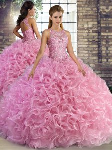 Great Ball Gowns Sweet 16 Quinceanera Dress Rose Pink Scoop Fabric With Rolling Flowers Sleeveless Floor Length Lace Up